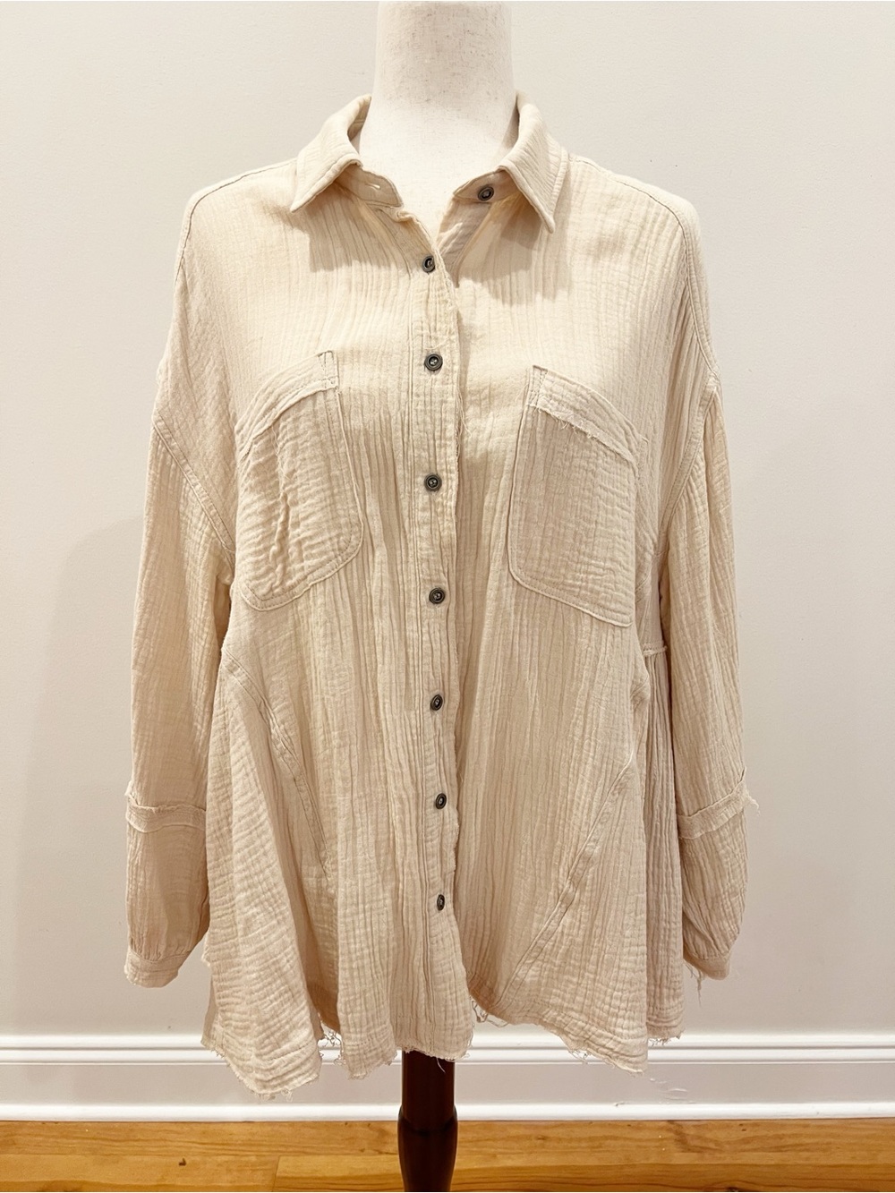 By Together Top Shirt Women Small Gauzy Raw Hem Oversize Slouchy Button Up Beach